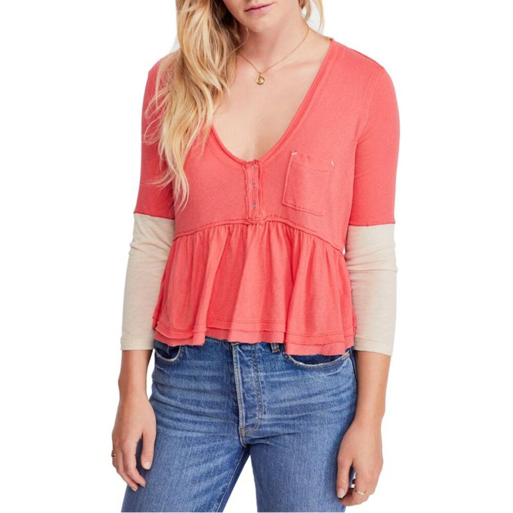 FREE PEOPLE Womens Coral Color Block 3/4 Sleeve V Neck Blouse